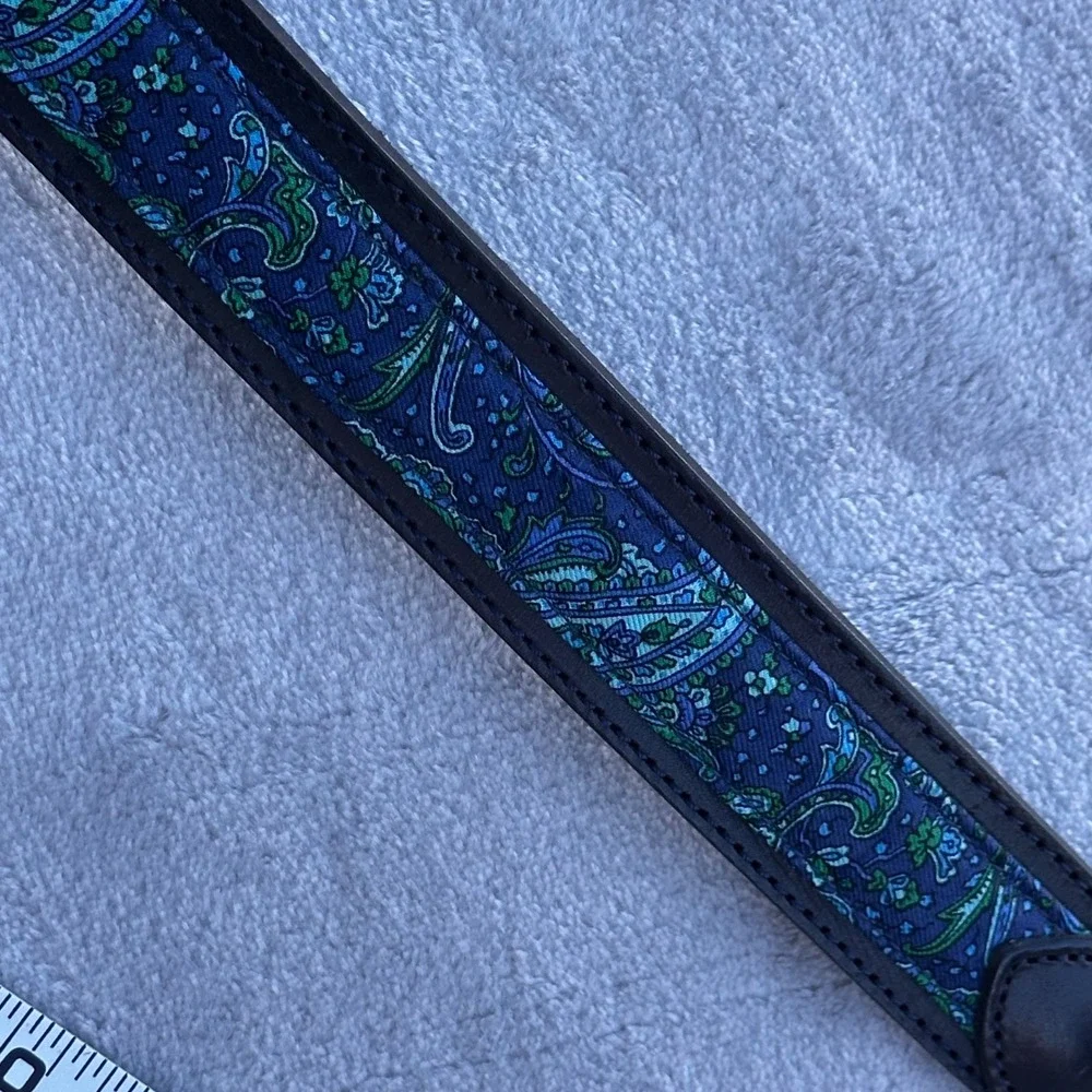 Vintage Croquet Black Leather Paisley Blue Fabric Belt Brass Buckle 36